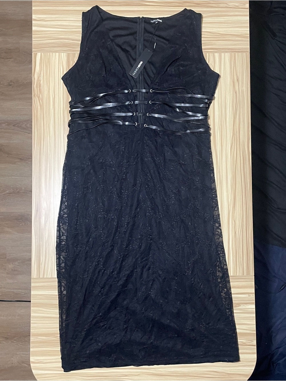 Fashion Nova Black Lace Midi Dress with Corset Strap Detail